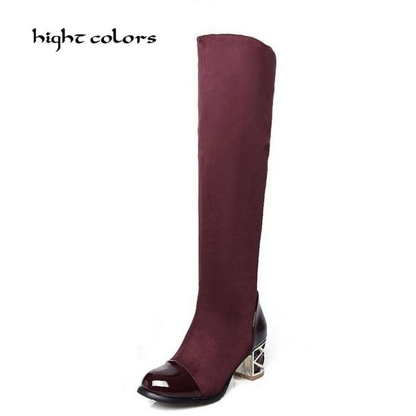 new 2020 japanned leather patchwork knee high women motorcycle boots elastic thick heel riding boots shoes woman big size 34-43, Black